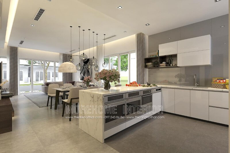 Thiết kế tủ bếp màu trắng tại biệt thự Park City cao cấp tại Hà Nội Tủ bếp gỗ công nghiệp