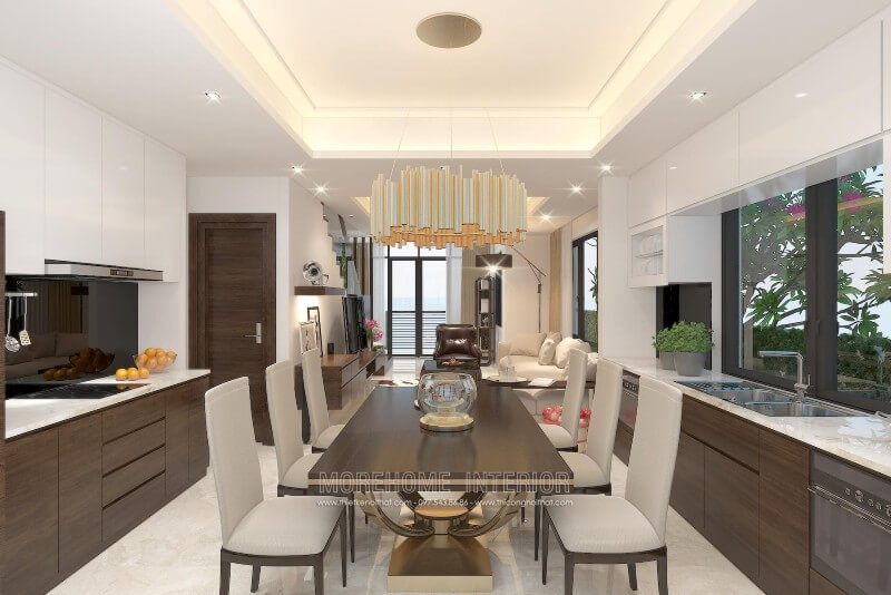 Mẫu tủ bếp gỗ công nghiệp kiểu dáng chữ i được đặt song song gợi nên sự thông thoáng hơn cho không gian nhà bếp Tủ bếp gỗ công nghiệp