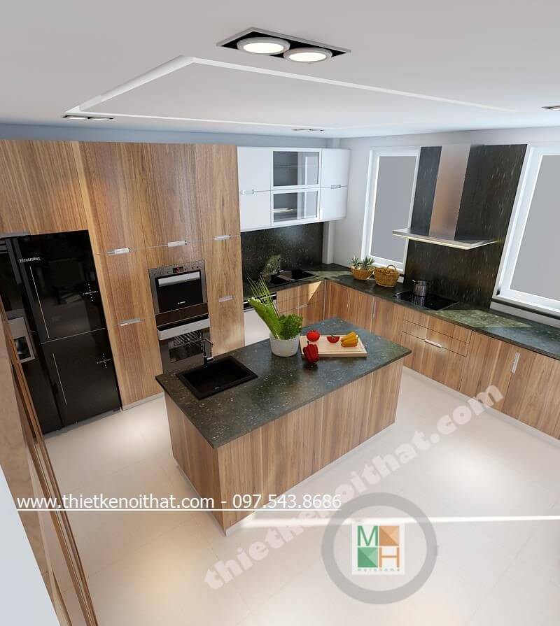 Mẫu tủ bếp gỗ công nghiệp với tone màu nâu sáng hiện đại mang lại không gian thoải mái, sạch sẽ cho người nội trợ Tủ bếp gỗ công nghiệp