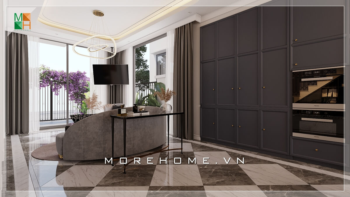 Ánh sáng trong thiết kế nội thất rất quan trọng. Hãy tận dụng nguồn ánh sáng tự nhiên để tạo nên không gian sáng sủa, không khí thoải mái cho phòng khách. Có thể thay thế cửa gỗ và tường thông thường bằng cửa kính để đón ánh sáng thiên nhiên cho phòng khách của bạn Thiết kế phòng khách nhà phố