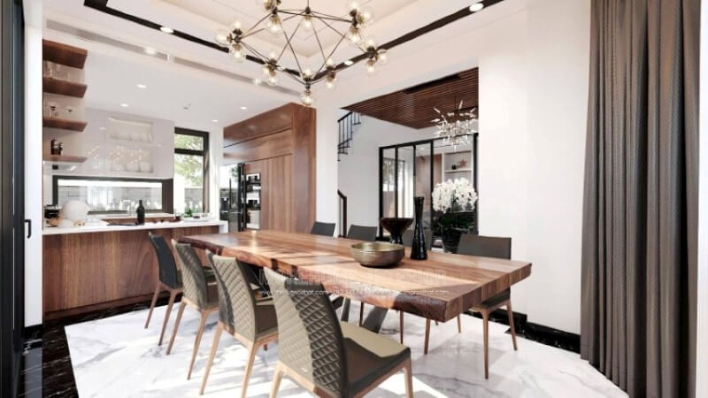 Sẽ là một gợi ý sáng tạo sẽ khiến bạn thích thú như trong ý tưởng bố trí không gian bếp hiện đại biệt thự Vinhomes Imperia Hải Phòng trong đây, thiết kế kệ trang trí ở vị trí gần bàn ăn nhất giúp bạn lấy ly, chén một cách thuận tiện. Thiết kế nội thất biệt thự