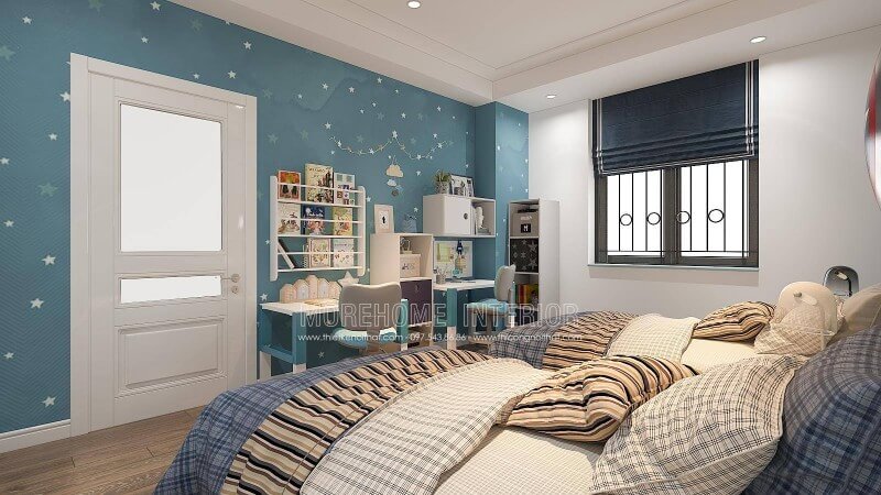 Ý tưởng thiết kế phòng ngủ của con tại biệt thự Vinhomes Imperia Hải Phòng tuy đơn giản nhưng lại khá độc đáo từ cách trang trí, bố trí kệ trang trí, bàn học, tủ để đồ và trước mặt như một khoảng trời lớn với các vì sao, đám mây đang bay lơ lửng sẽ là lợi ý khá độc đáo để quý vị tham khảo cho các bé của mình. Thiết kế nội thất biệt thự