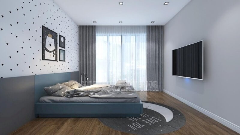 Ý tưởng thiết kế phòng bé đơn giản với cửa lớn cùng rèm 2 lớp giúp phòng bé luôn tràn trề sinh khí nhưng vẫn giảm thiểu tối đa sức nóng ngày hè oi ả. Thiết kế nội thất biệt thự