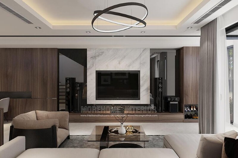 Đá ốp tường vân mây càng đẹp điểm nhấn ấn tượng trong trang trí phòng khách hiện đại. Thiết kế nội thất biệt thự