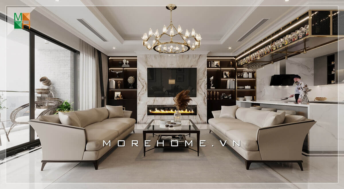 Mẫu kệ gỗ trang trí 2 bên cạnh tivi rất tiện lợi, vừa là kệ để đồ trang trí vừa thể hiện tính thẩm mỹ.