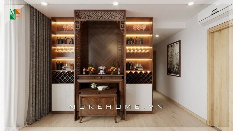Màu sắc trầm ấm cùng những đường nét trạm trổ của gỗ óc chó giúp tôn lên sự trang nghiêm, tôn kính trong không gian thờ cúng của gia chủ