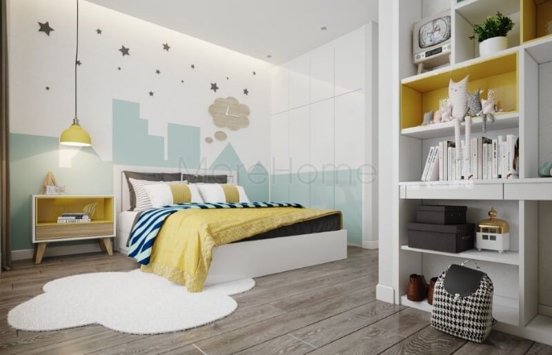 Kệ trang trí phòng ngủ với nhiều ngăn giúp góc học tập của con được tiện lợi hơn