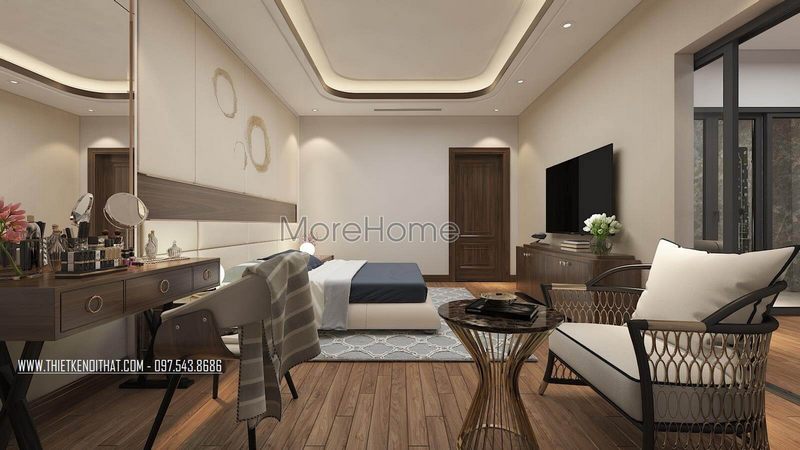 Lựa chọn sàn gỗ với tông màu nâu sáng
trở nên thoáng rộng hơn cho phòng ngủ nhà phốbiệt thự