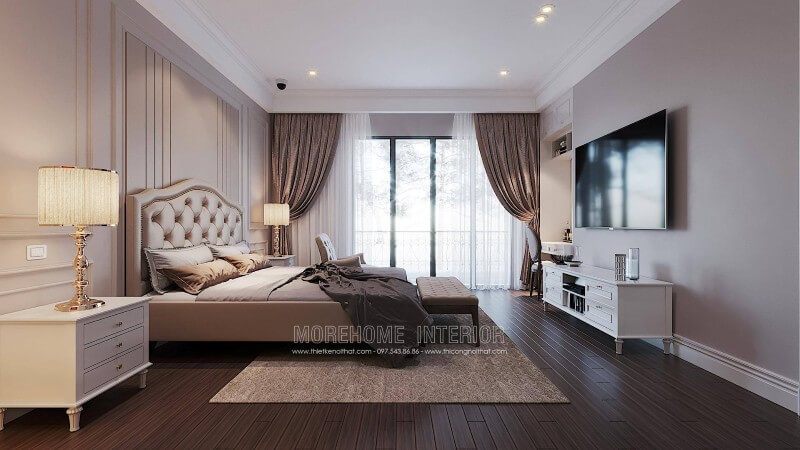 Sàn gỗ ốp lát phòng ngủ đẹp - Màu sắc nâu trung tính cân bằng màu sắc tổng thể tại phòng ngủ