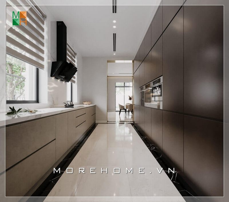 Đá lát sàn phòng bếp màu trắng rất sang trọng và tinh tế