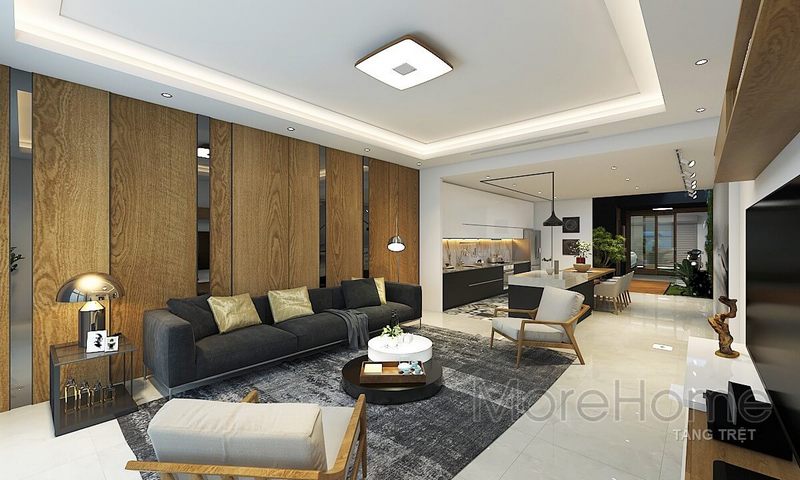 Nội thất sofa bọc vải dài hiện đại với tông màu tối giúp không gian phòng khách hài hòa về màu sắc trong phòng