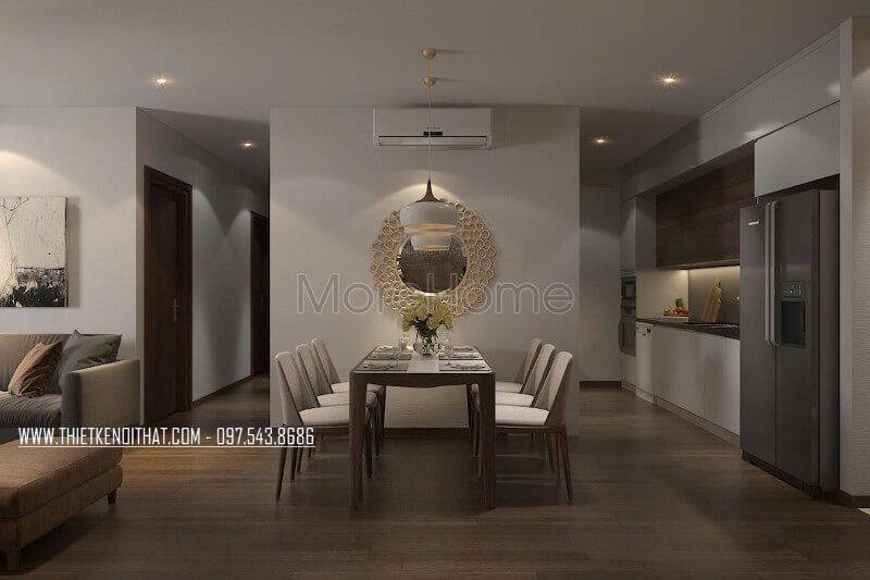 Không gian phòng ăn được trang trí một chiếc gương trang trí cổ điển cao cấp