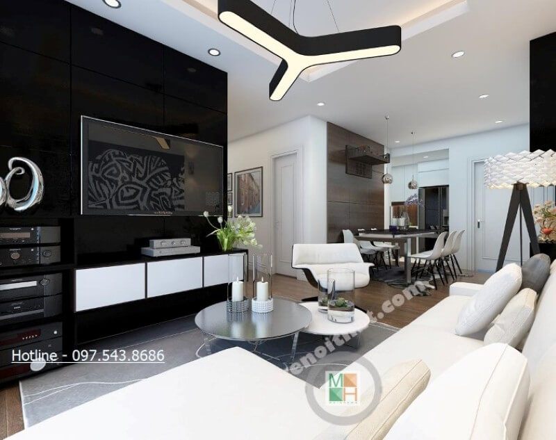 Trang trí phòng khách chung cư đơn giản với tông màu tối tầm đơn giản giúp mang lại cảm giác cơi nới về mặt không gian và tạo độ thoáng cho căn phòng