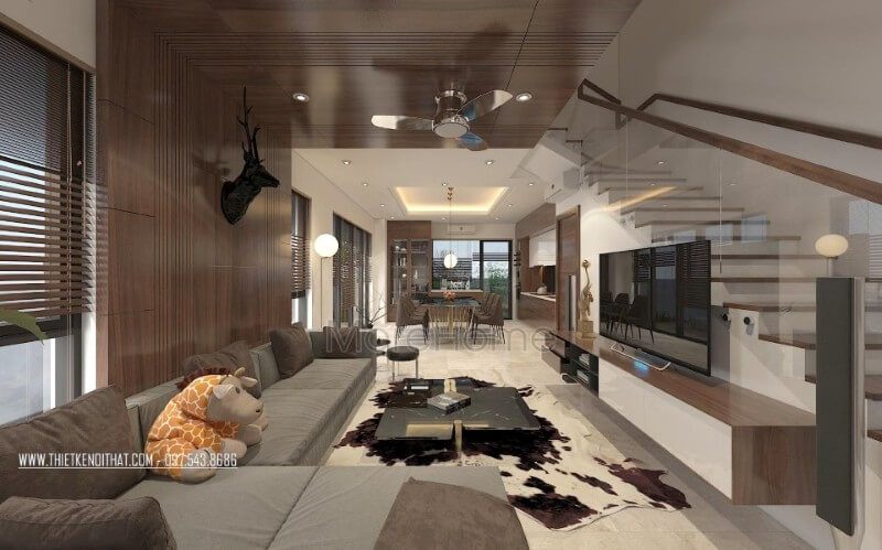 Thiết kế nội thất phòng khách biệt thự gỗ công nghiệp với gam màu ấm áp mang lại sự sang trọng và dễ chịu cho gia chủ