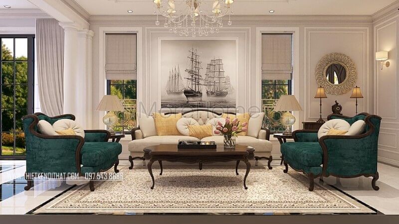 Mẫu sofa phòng khách biệt thự cao cấp được KTS thiết kế với kích thước khá rộng rãi, tone màu xanh cổ điển kết hợp với sắc trắng tinh khôi cũng là điểm đặc biệt thu hút, ấn tượng