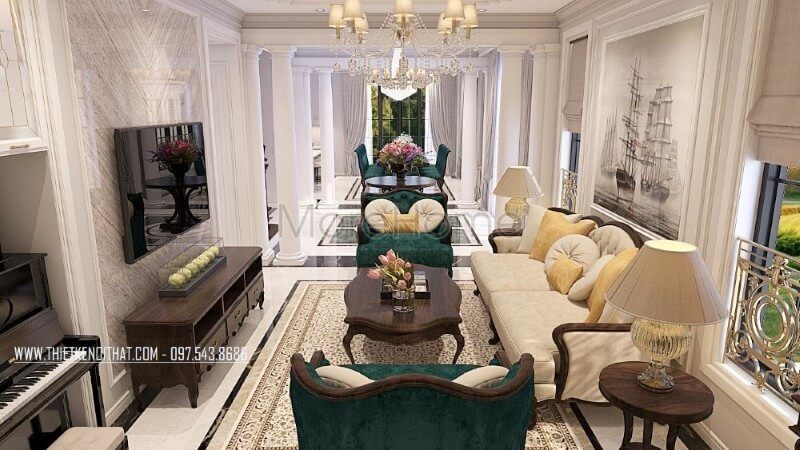 Thiết kế nội thất phòng khách biệt thự cao cấp phong cách tân cổ điển ấn tượng bởi các đường nét sắc nét và chi tiết tỉ mỉ, tinh tế