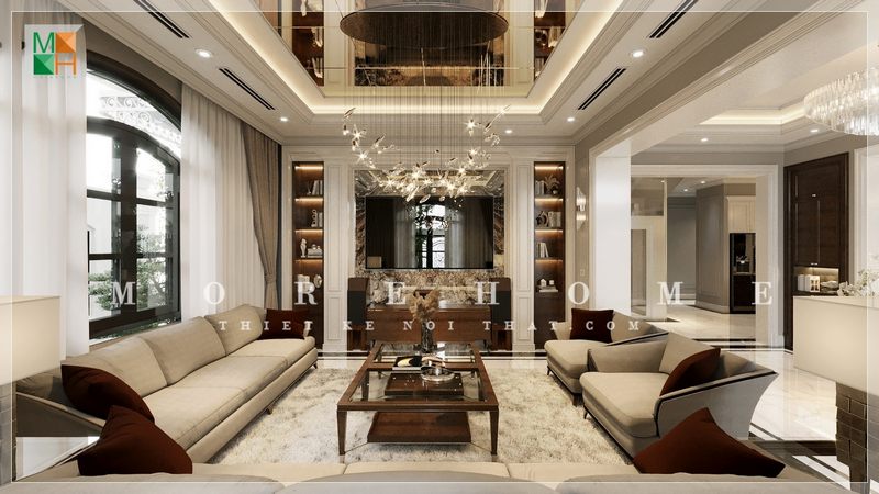 Bàn trà được đặt ở vị trí trung tâm của không gian phòng khách góp phần giúp tôn lên giá trị thẩm mỹ cho không gian sống của gia đình.