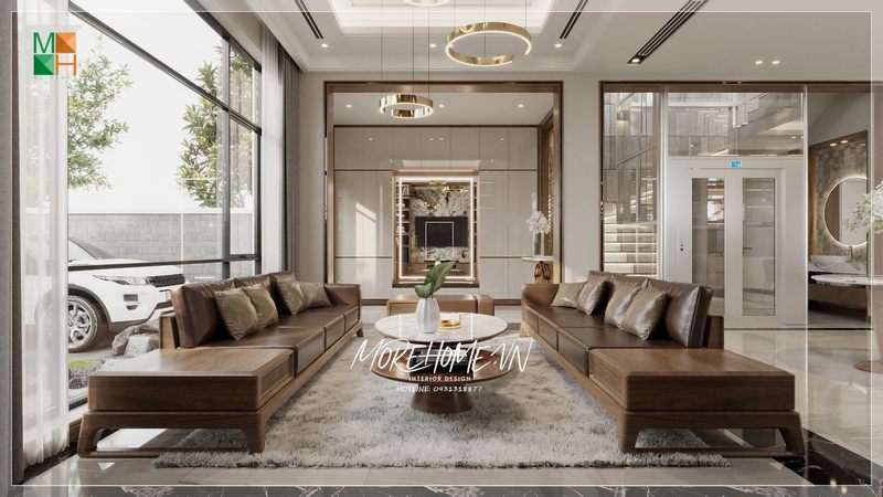 Bộ ghế sofa bọc da sáng bóng, nhẵn mịn và êm ái mang đến cảm giác dễ chịu thoải mái khi sử dụng.