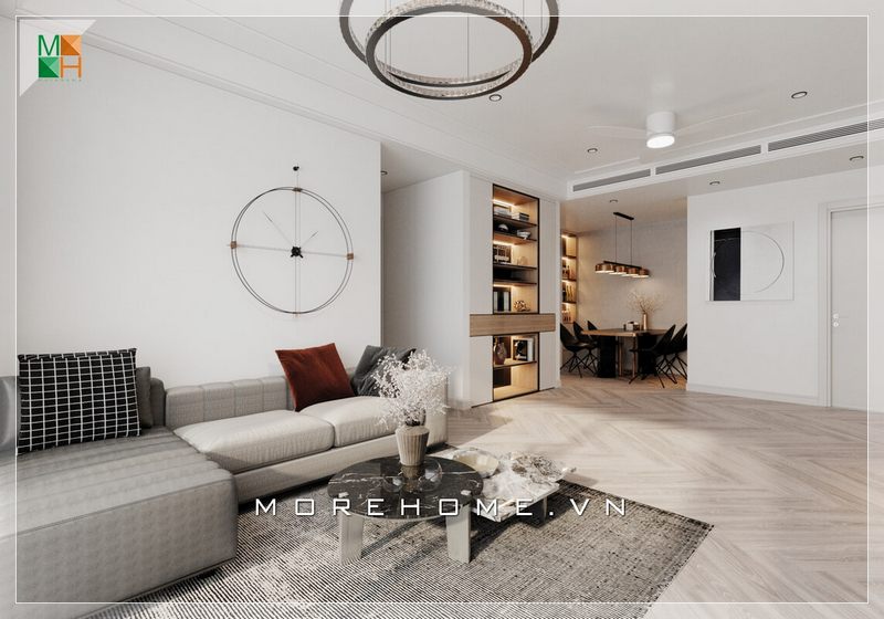 Sự tinh tế được các kiến trúc sư MoreHome thể hiện trong thiết kế nội thất phòng khách chung cư với cách sắp xếp đơn giản tạo sự thoáng đãng, thư thái