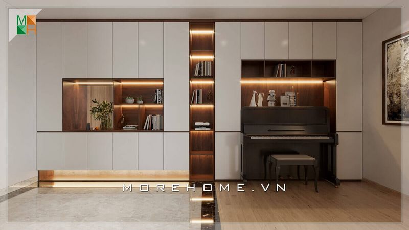 Mẫu thiết kế phòng khách với hệ tủ sách kết hợp kệ đựng đồ từ gỗ acrylic bóng gương tao sự sang trọng nhưng vẫn hiện đại dành cho chung cư, nhà phố, biệt thự cao cấp