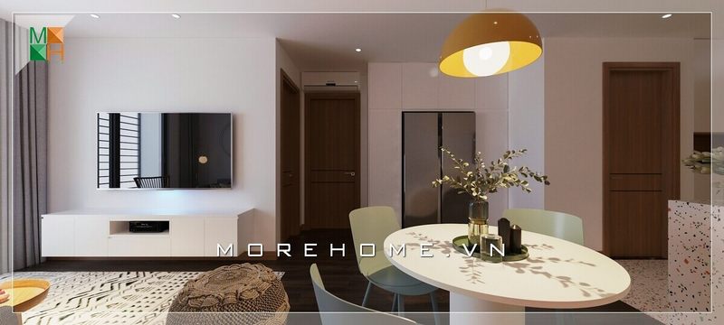 Thiết kế, sắp xếp nội thất phòng khách kết hợp phòng bếp ăn hiện đại phù hợp cho diện tích chung cư nhỏ đầy ấn tượng.