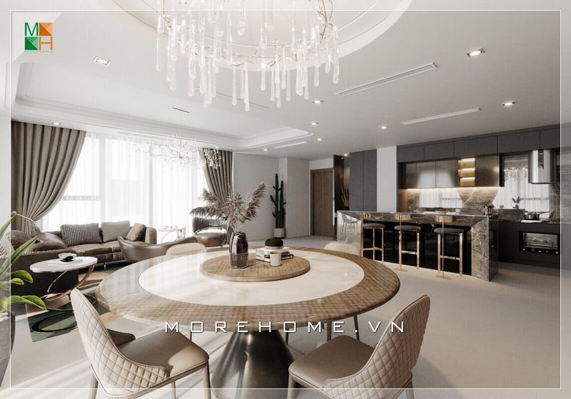 Gợi ý mẫu thiết kế nội thất phòng ăn liền bếp và phòng khách liền mạch tạo ra sự liên kết chặt chẽ giữa các không gian nhà với nhau phù hợp cho không gian nhà phố, biệt thự sang trọng và chung cư cao cấp.