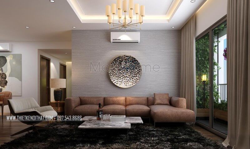 dụng trong thiết kế
Phòng khách của chung cư hiện đại được trang bị nội thất âm ảnh với gam màu nâu trâm âm, góp phần tạo nên sự ấn tượng.