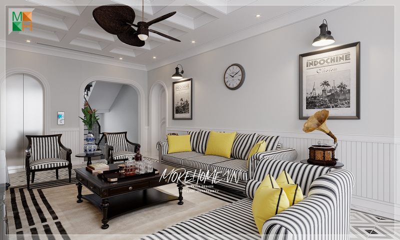 Nội thất phòng khách gỗ tự nhiên sơn đen được thiết kế cầu kỳ theo phong cách Indochine giúp phòng khách trở nên ấn tượng